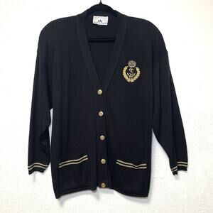 Vintage Nautical Cardigan Sweater Women's Size Medium Black Gold Grandma Core